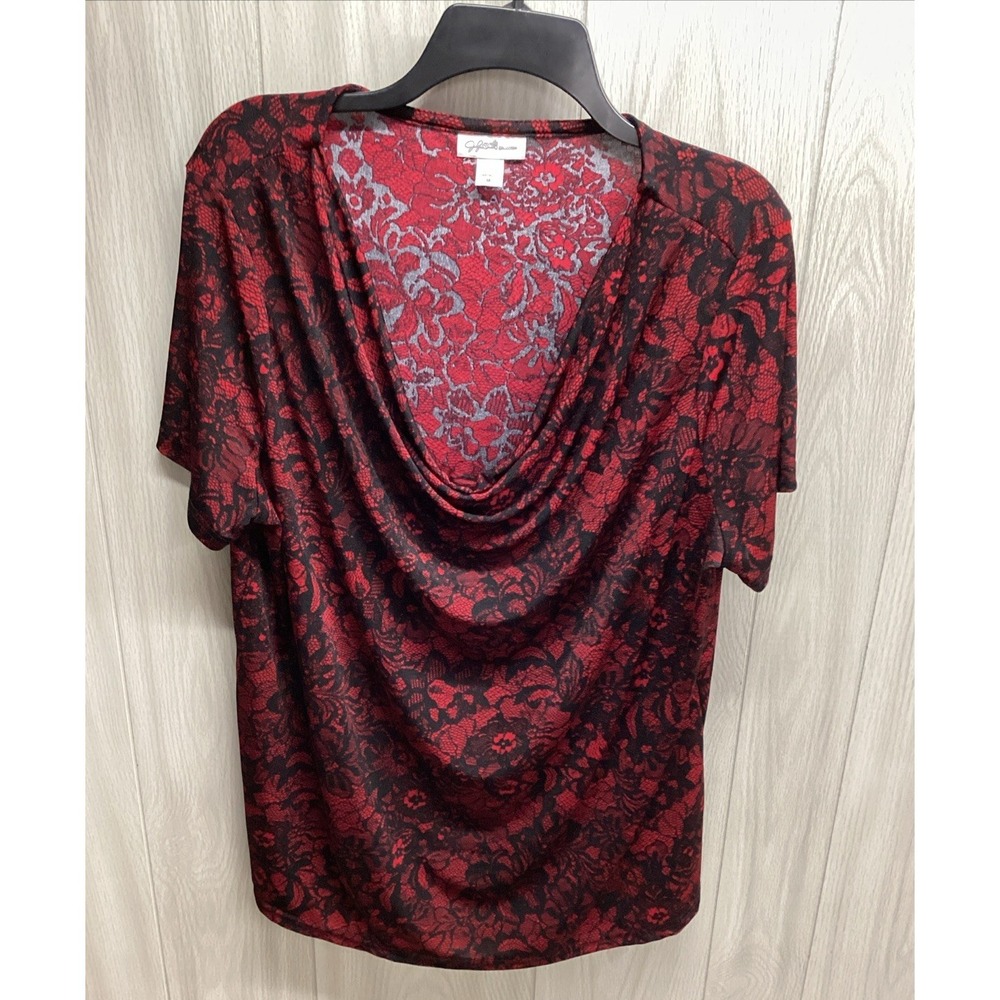 JACKLYN‎ SMITH Women's (Size 1X) Red Black Floral Cowl Neck Short Sleeve Top